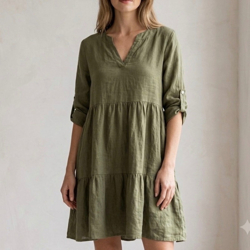 Bellambra 100% Linen Italy Olive Green Tiered Babydoll Dress Roll Tab Size M